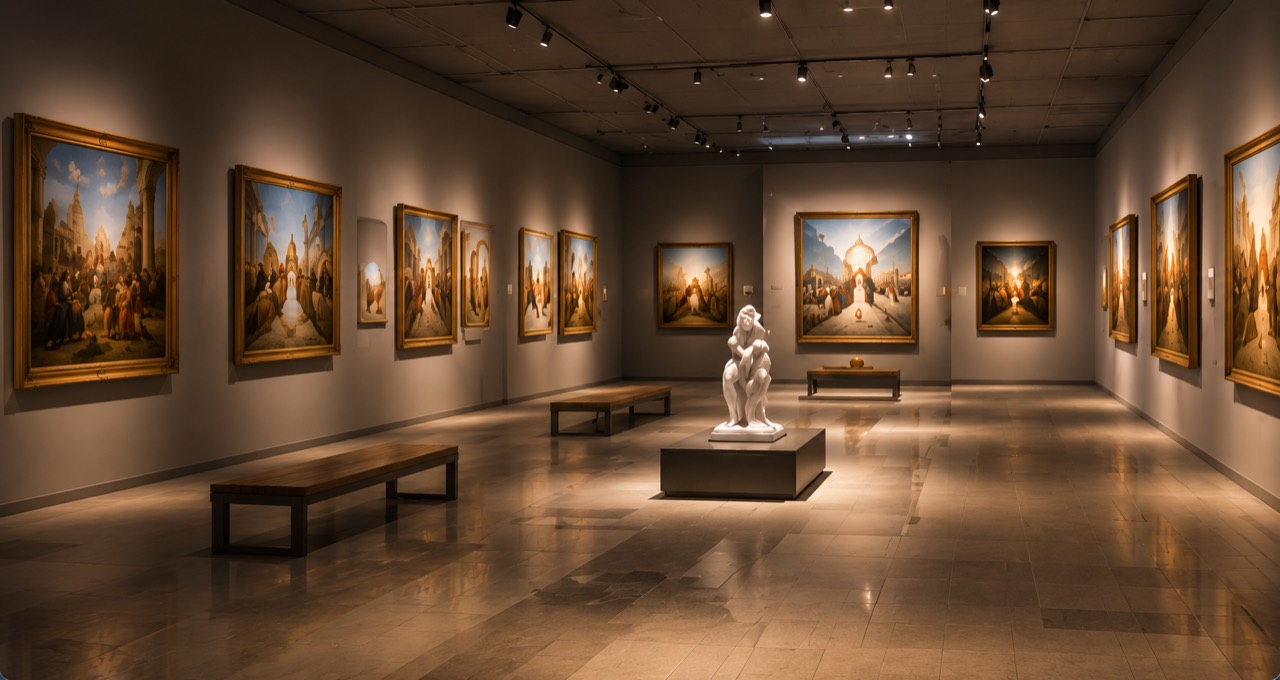 Premium virtual museum gallery with paintings and a sculpture display